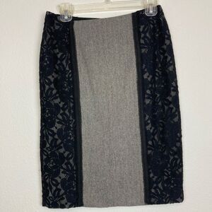 White House Black Market Herringbone wool skirt w/black lace overlay ribbon trim